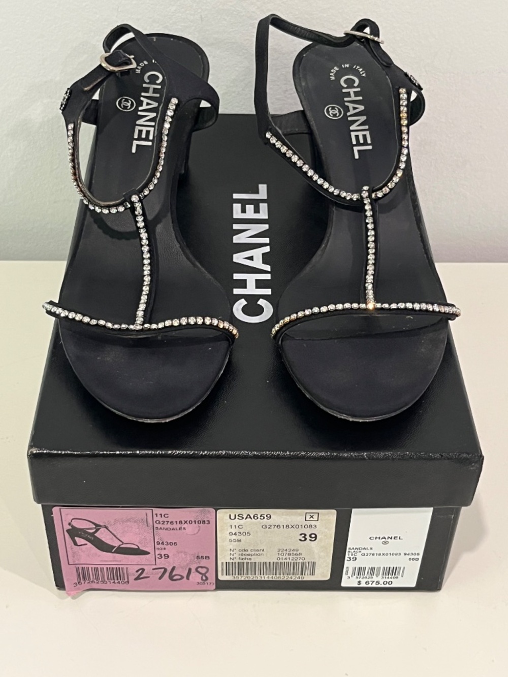 Chanel Interlocking CC Logo Black Satin T-Strap Crystal Embellished Heels EU 39 - Picture 5 of 11